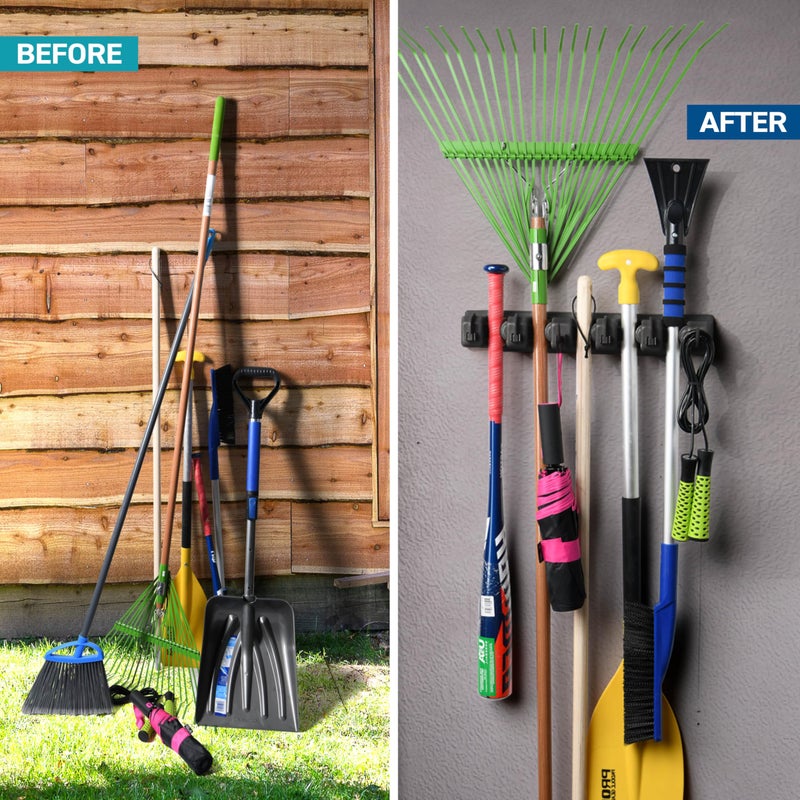 Home-it 2 Pack Mop and Broom Holder Wall Mount - Garage Storage Organizer with 5 Slots  6 Hooks  7.5lbs Capacity Per Slot - Home  Kitchen  Closet  Laundry Room Organization - Black Broom Hanger - Image 3